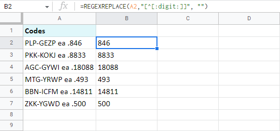 Regular expression to extract numbers from Google Sheets cells.