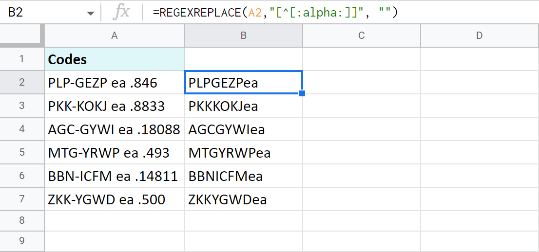 Pull out alphabetic data from Google Sheets cells.