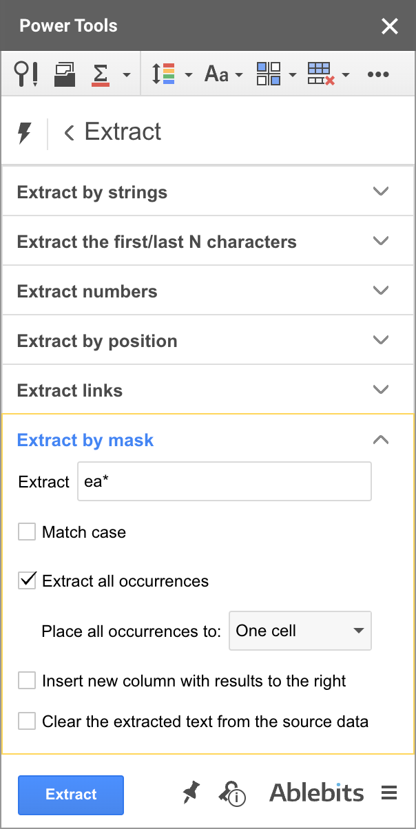 Extract data in Google Sheets by mask.