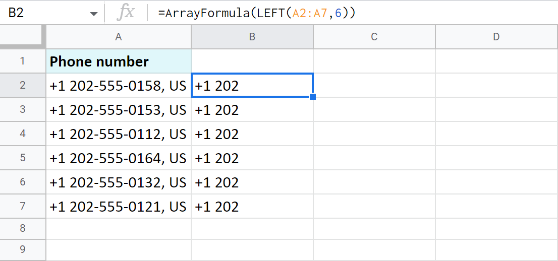 Use ArrayFormula to extract data from the beginning of all Google Sheets cells at once.