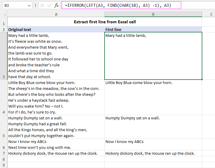 How to extract first line in Excel cell