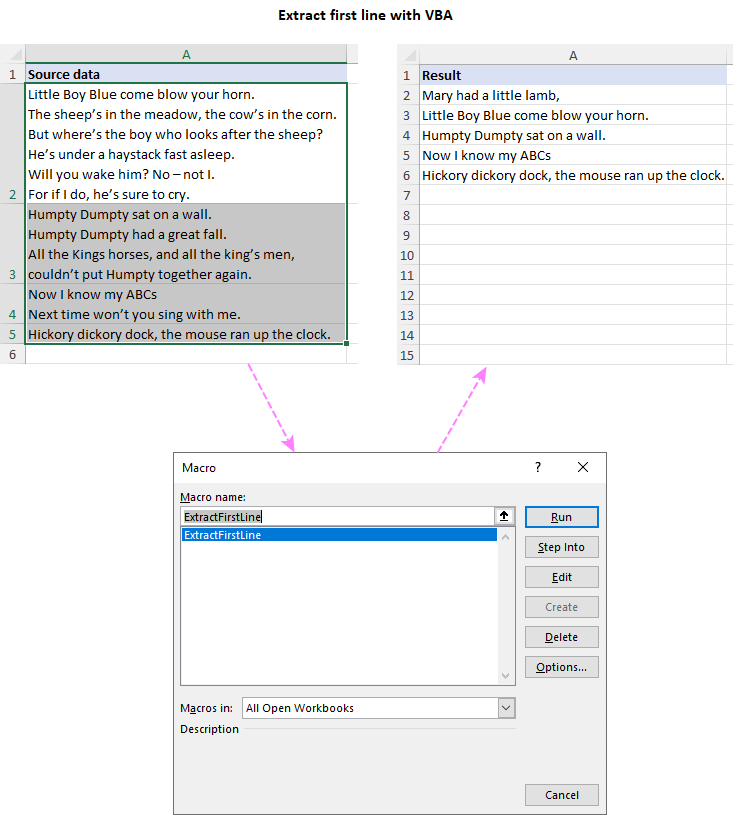 Get the first line of text with Excel VBA macro.