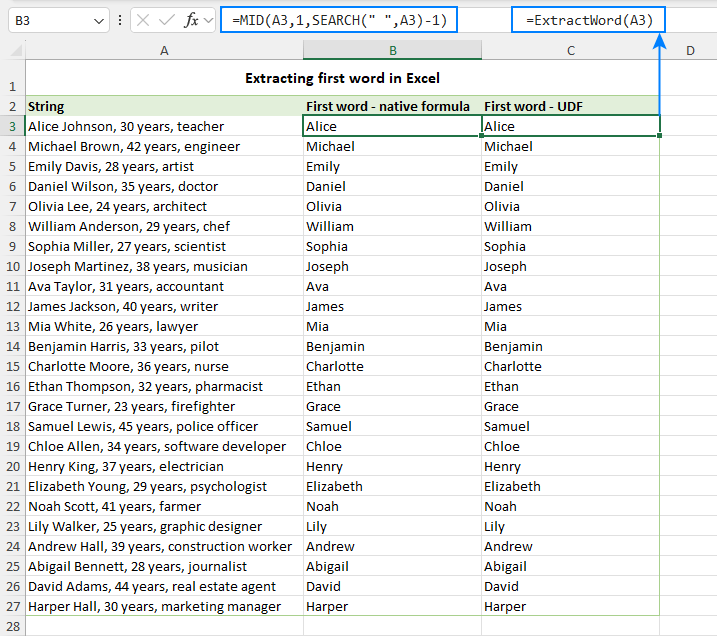 Extract the first word from an Excel cell.