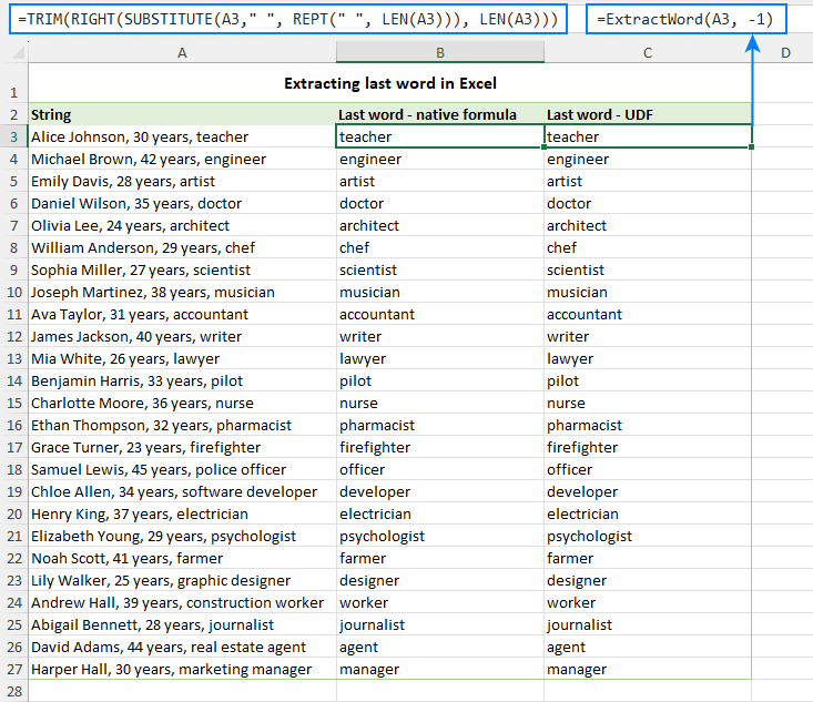 Extract the last word from a string using a native formula and custom function.