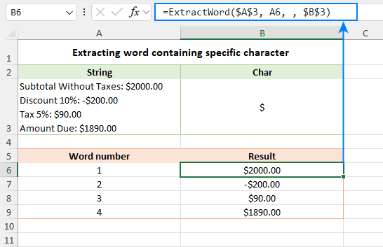 Extract a word containing a specific character.