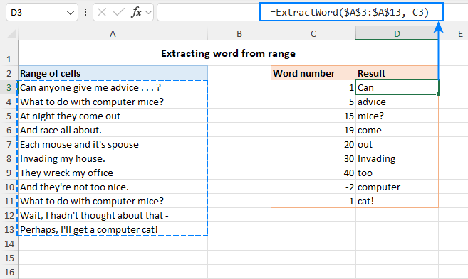 Extracting a word from a range of cells