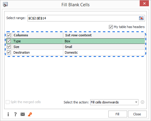 Click Fill Blank Cells icon to open the add-in dialog window