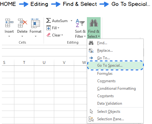 Choose Go To Special from the Find & Select drop-down menu to display the Go To Special dialog