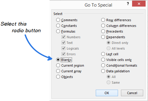 select excel blank cells