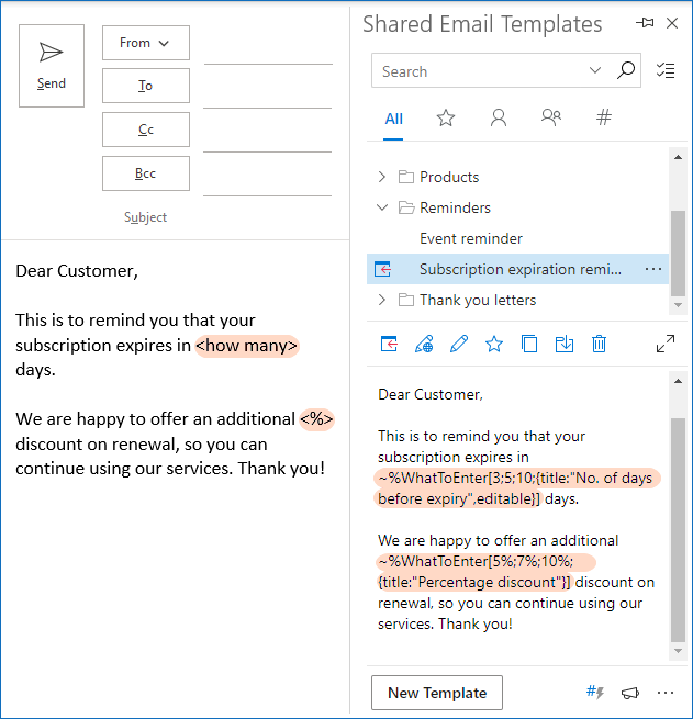 Outlook email template with two dropdown lists