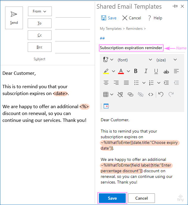 Mẫu email có thể điền cho Outlook