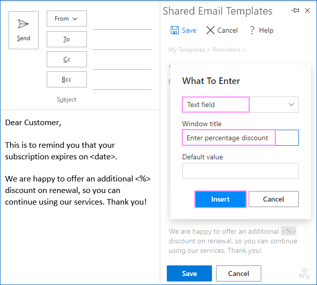 Create Outlook email template with fillable fields, variables, and dropdown