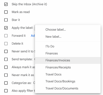 The Gmail filter action for applying a label, with the dropdown menu expanded to show how to select or create a label. The Gmail filter action for applying a label, with the dropdown menu expanded to show how to select or create a label.