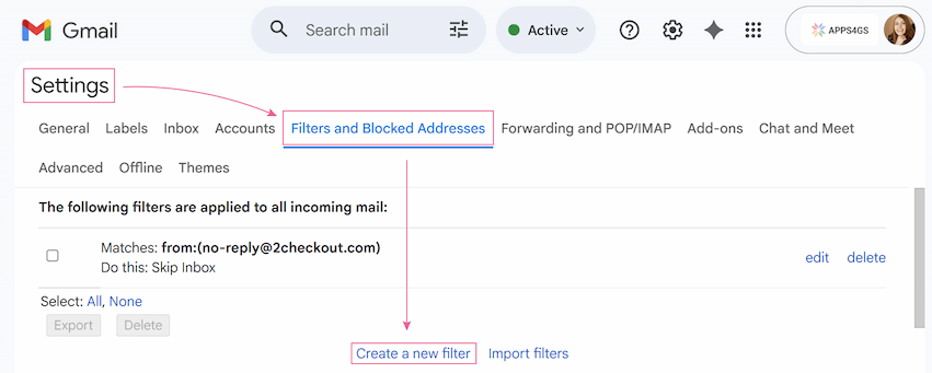 The Filters and Blocked Addresses settings page with the Create a new filter link highlighted. The Filters and Blocked Addresses settings page with the Create a new filter link highlighted.