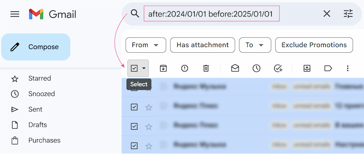 A list of emails filtered by date, with the top checkbox selected to choose all messages. A list of emails filtered by date, with the top checkbox selected to choose all messages.