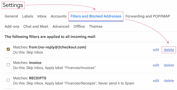 The list of saved filters in Gmail settings, with the delete link highlighted next to a target filter. The list of saved filters in Gmail settings, with the delete link highlighted next to a target filter.