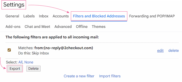 The Gmail filter management interface, with the Export button highlighted after selecting a filter. The Gmail filter management interface, with the Export button highlighted after selecting a filter.