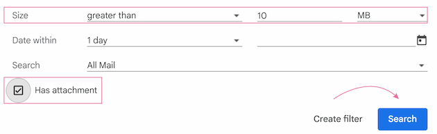 The search options form showing the Size field set to greater than with 10 entered in the value field. The search options form showing the Size field set to greater than with 10 entered in the value field.