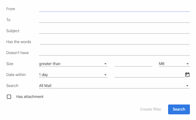 The filter criteria form where you define what emails to look for. The filter criteria form where you define what emails to look for.