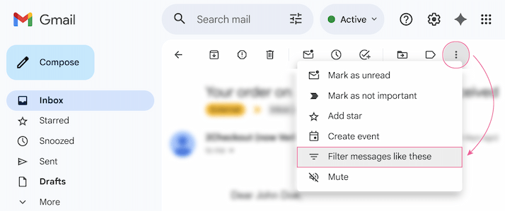 The dropdown menu from the three-dot icon with the Filter messages like these option selected. The dropdown menu from the three-dot icon with the Filter messages like these option selected.