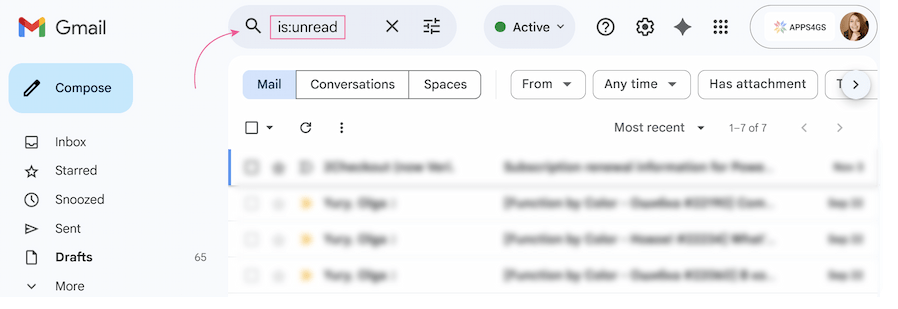 The Gmail search bar with the query isunread typed into it. The Gmail search bar with the query isunread typed into it.
