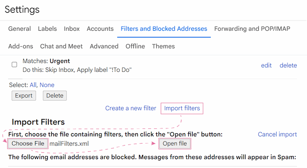 The new Import Filters section with the Choose File button. The new Import Filters section with the Choose File button.