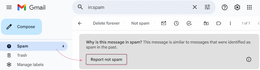 The open email in the Spam folder, with the Report not spam button highlighted in the toolbar.