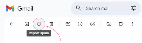 The Gmail toolbar with the Report spam button. The Gmail toolbar with the Report spam button.