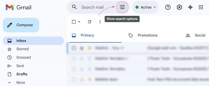 The Gmail search bar with the options icon highlighted. The Gmail search bar with the options icon highlighted.