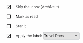 The Gmail filter actions menu with the Skip the Inbox checkbox selected.