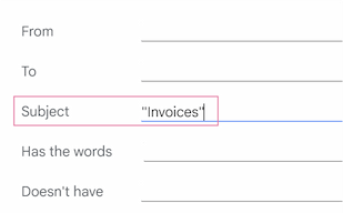 The Gmail filter creation form, showing the Subject field filled with a keyword in quotation marks. The Gmail filter creation form, showing the Subject field filled with a keyword in quotation marks.