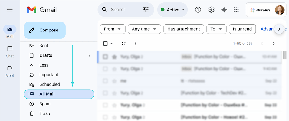 Location of the All Mail folder under the More section in Gmail.