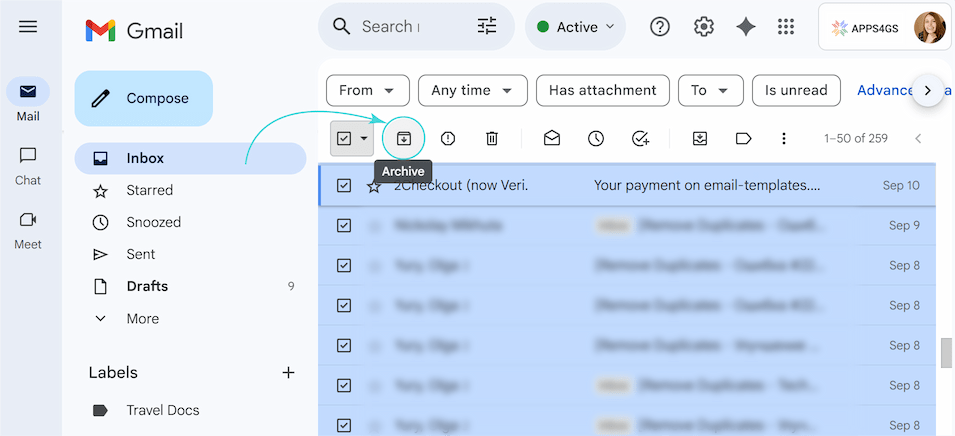The Archive button in Gmail used for moving multiple selected emails out of the inbox.