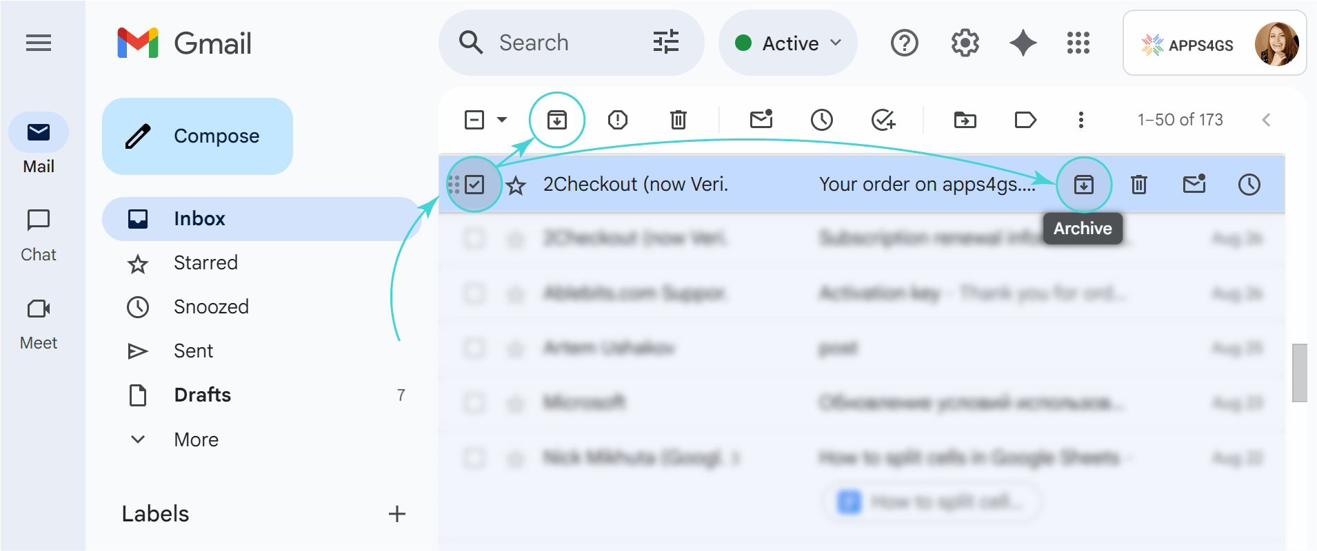 Icon for archiving an email, located in the toolbar or on hover.