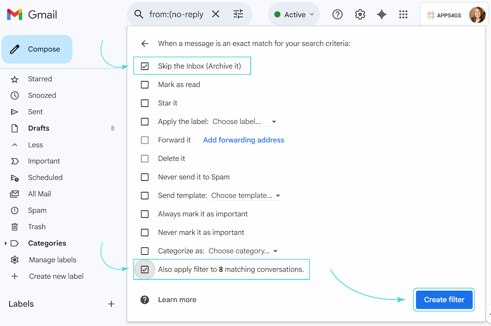 The Skip the Inbox and Apply to existing emails checkboxes selected in Gmail's filter settings.