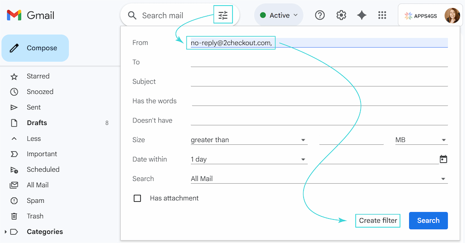 Clicking the Create filter button in Gmail after defining criteria.