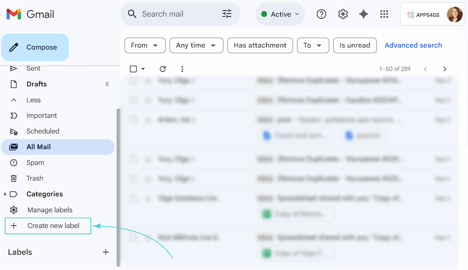 The Create new label button located in the Gmail sidebar menu.