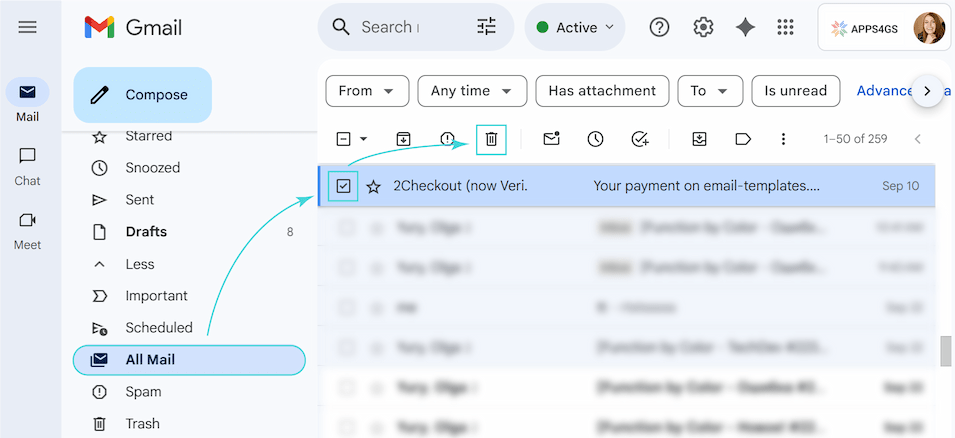 Deleting an archived email by selecting it and clicking the trash can icon.