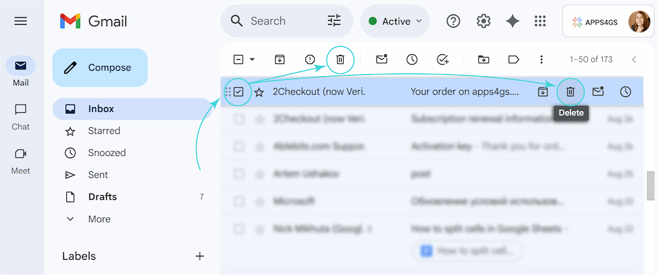 Trash bin icon for deleting a selected email, shown in the toolbar.