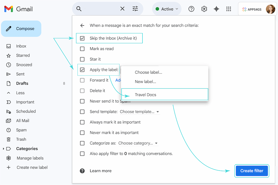 The Gmail filter options Skip the Inbox and Apply the label selected on the actions screen.