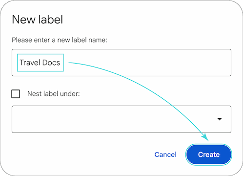 Dialog box showing a label name entered and the Create button.
