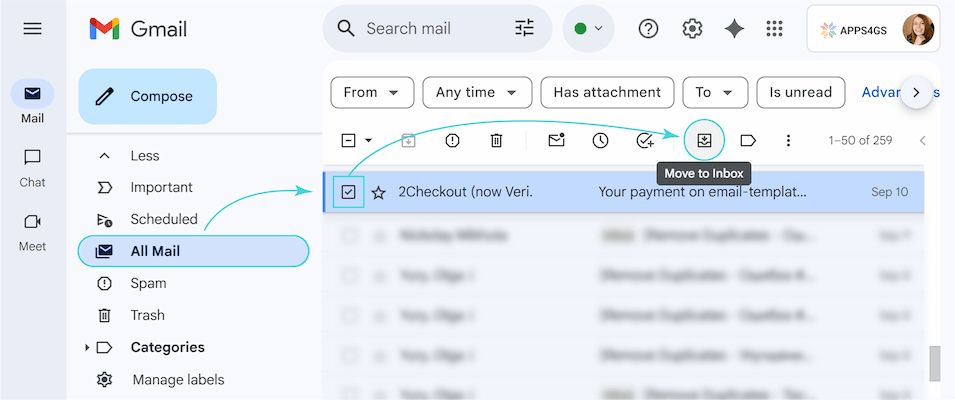Gmail's All Mail folder view with a message selected, showing the Move to Inbox button in the toolbar.