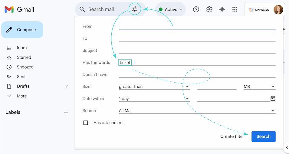 The expanded search options menu in Gmail, highlighting the form fields for searching without operators.