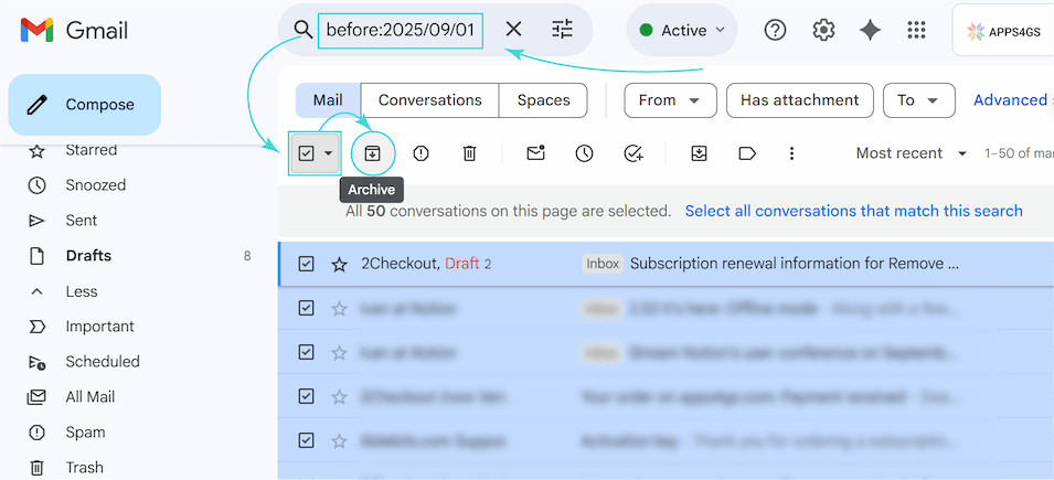 Gmail search results page showing the Select all checkbox chosen and the Archive button in the toolbar, after searching with a query.