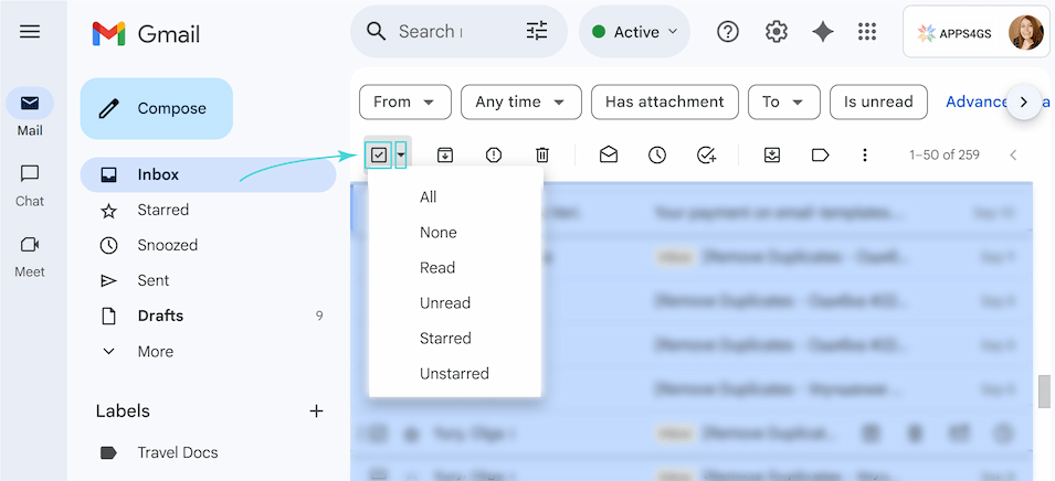 Gmail toolbar with the Select all checkbox and its dropdown menu visible, for selecting multiple messages.