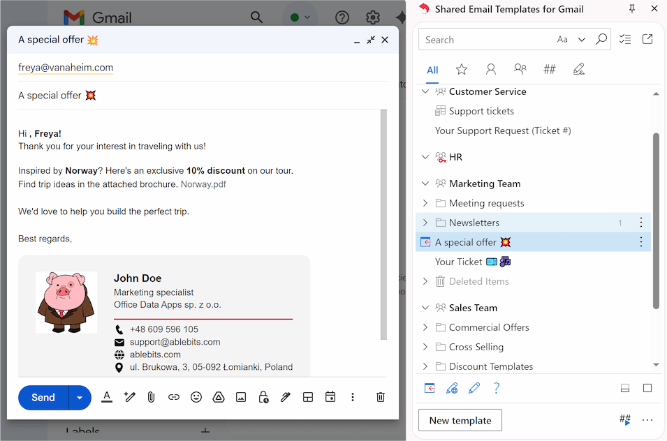 A shared email templates library within Gmail, showing a list of pre-written templates for support, marketing, and onboarding.