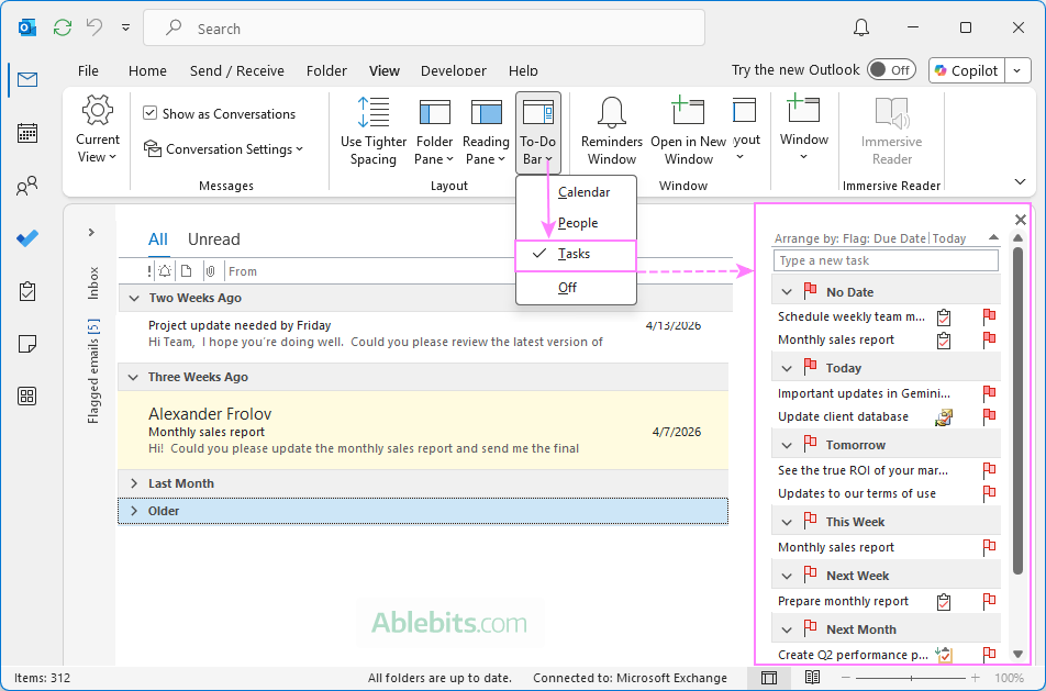 Show flagged emails in Outlook on the right.