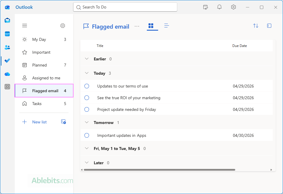 Flagged messages are shown in the Outlook To-Do list.