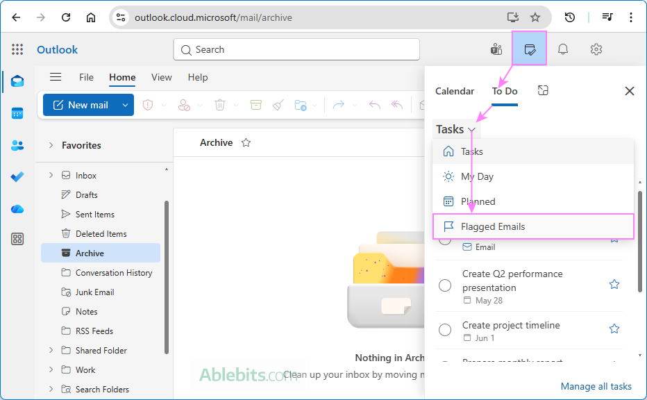 Put flagged emails on the right side in Outlook on the web.
