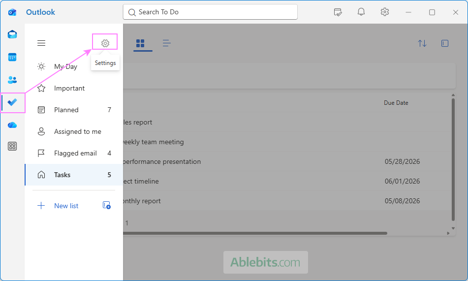 Access the To Do settings in the new Outlook.